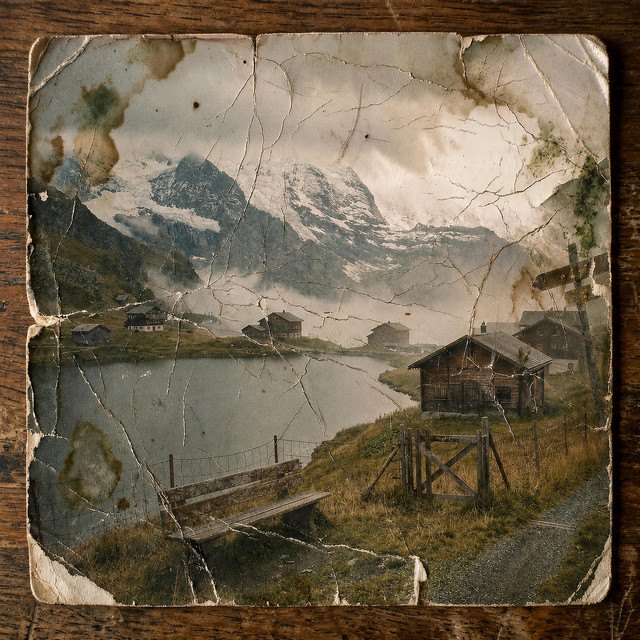 Portada de «Sobre reversibilidad y entropía»: una fotografía ajada de un lago de montaña entre casas de madera.